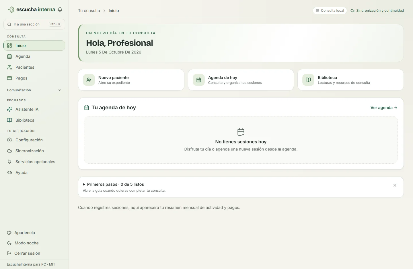Pantalla de inicio de EscuchaInterna para PC, con accesos a pacientes, agenda y biblioteca, en una instalación de prueba vacía.